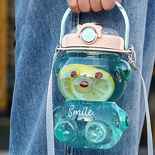 Bear Straw Bottle,Portable Large Capacity Bear Water Bottle with Strap and Straw,Cute Bear Shaped Water Bottle Adjustable Removable Strap for Girls School Outdoor Travel (blue-47oz)