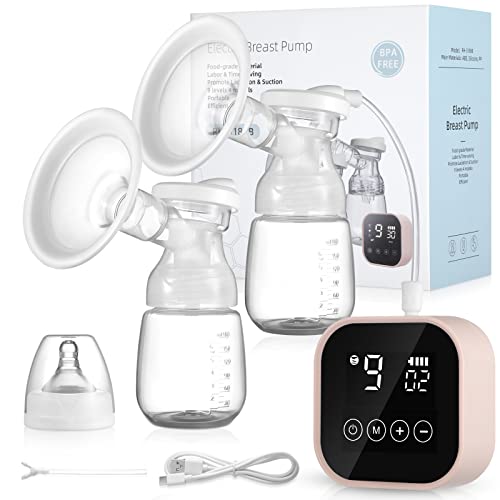 Electric Breast Pump，Double Breast Pump，Electric Double Breast Pump，Used for Home and Travel Breast Pumps，4 Mode & 9 Levels，Come with 28mm Flanges (Pink)