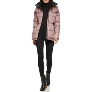 kenneth cole women's zip down puffer with button hood, bark, x-small