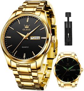 olevs mens gold watches analog quartz business dress watch day date stainless steel classic luxury luminous waterproof casual male wrist watches black face
