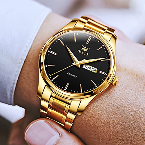 OLEVS Mens Gold Watches Analog Quartz Business Dress Watch Day Date Stainless Steel Classic Luxury Luminous Waterproof Casual Male Wrist Watches Black Face