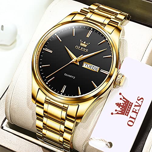 OLEVS Mens Gold Watches Analog Quartz Business Dress Watch Day Date Stainless Steel Classic Luxury Luminous Waterproof Casual Male Wrist Watches Black Face