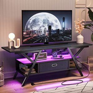bestier led entertainment center with power outlets gaming tv stand for tv up to 65 inch 55” tv game console for living room bedroom removable drawer 20 dynamic rgb modes, carbon fiber black