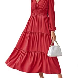 ZAFUL Women Casual V Neck Long Dress Tie Neck Solid Color High Waist Tiered Ruffle Hem A Line Swing Maxi Dresses (1-Wine, M)