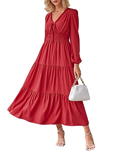 ZAFUL Women Casual V Neck Long Dress Tie Neck Solid Color High Waist Tiered Ruffle Hem A Line Swing Maxi Dresses (1-Wine, M)