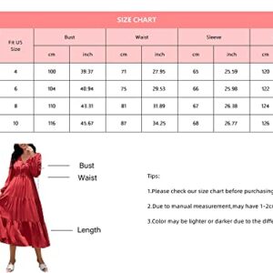 ZAFUL Women Casual V Neck Long Dress Tie Neck Solid Color High Waist Tiered Ruffle Hem A Line Swing Maxi Dresses (1-Wine, M)