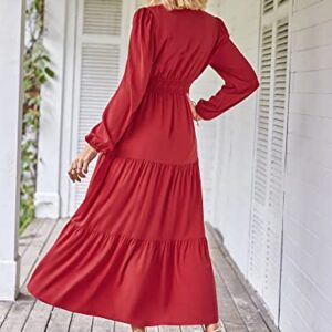 ZAFUL Women Casual V Neck Long Dress Tie Neck Solid Color High Waist Tiered Ruffle Hem A Line Swing Maxi Dresses (1-Wine, M)