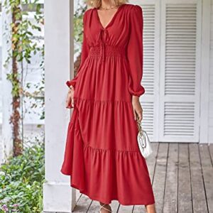 ZAFUL Women Casual V Neck Long Dress Tie Neck Solid Color High Waist Tiered Ruffle Hem A Line Swing Maxi Dresses (1-Wine, M)