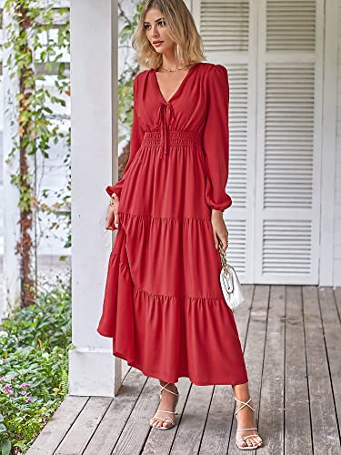 ZAFUL Women Casual V Neck Long Dress Tie Neck Solid Color High Waist Tiered Ruffle Hem A Line Swing Maxi Dresses (1-Wine, M)