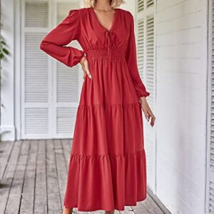 ZAFUL Women Casual V Neck Long Dress Tie Neck Solid Color High Waist Tiered Ruffle Hem A Line Swing Maxi Dresses (1-Wine, M)