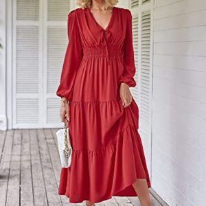 ZAFUL Women Casual V Neck Long Dress Tie Neck Solid Color High Waist Tiered Ruffle Hem A Line Swing Maxi Dresses (1-Wine, M)