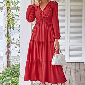ZAFUL Women Casual V Neck Long Dress Tie Neck Solid Color High Waist Tiered Ruffle Hem A Line Swing Maxi Dresses (1-Wine, M)