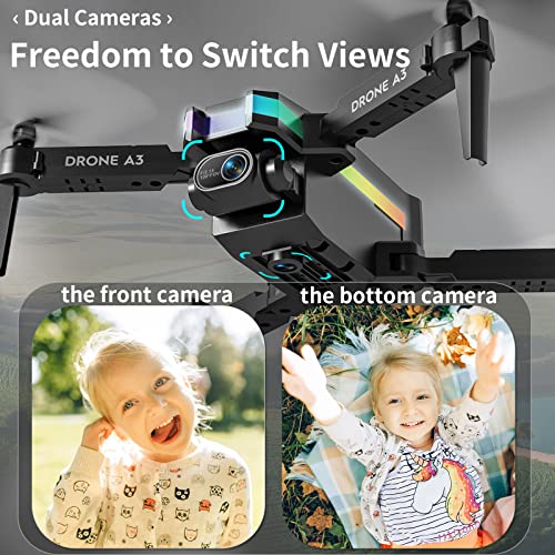 RiskOrb Mini LED Drone with 720P HD Dual Camera for Kids/Teens/Adults,360° Flips,Trajectory Flight,Hand Gesture Photo/Video,Toys Gifts for Boys Girls Beginners, A3 Foldable RC Quadcopter, 2 Batteries