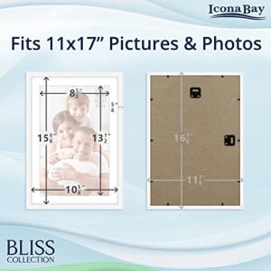 Icona Bay 11x17 White Picture Frame Fits 16x10 Photos with Mat to 9x14 Image, Modern Style Wood Composite Poster Frame, Wall Mount Only, Bliss Collection