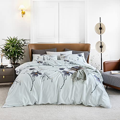 YuHeGuoJi Floral Duvet Cover Queen Size 100% Egyptian Cotton Light Blue Botanical Duvet Cover 3 Pcs Set 1 Garden Plant Branches Patterned Duvet Cover with Zipper Ties Grey Flower Bedding Set Soft