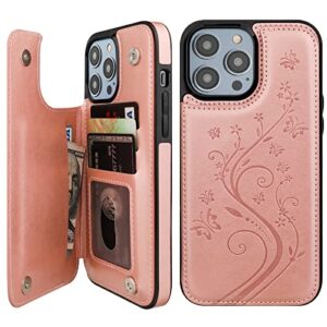 vaburs compatible with iphone 14 pro max case wallet with card holder,embossed butterfly pattern pu leather double buttons flip protective shockproof cover for magnetic car mount 6.7 inch (rose gold)