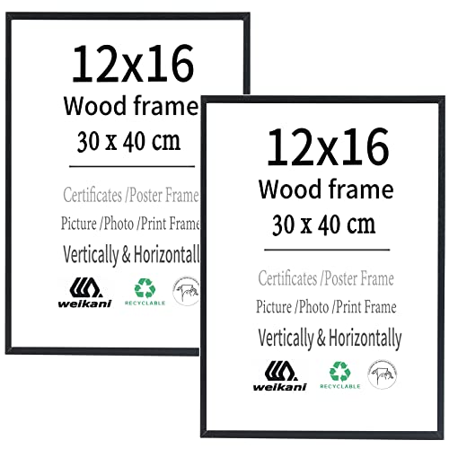 Weikani 12x16 Wood Picture Frame,2 Pack-30x40cm Black Wood Photo Frame,Certificate Frame with Plexiglass for Wall Mount or Table Top Display