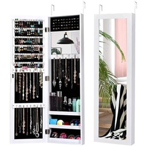 costway full length mirror jewelry cabinet, wall door mounted jewelry organizer w/makeup mirror, ring slots & necklace hooks, large storage jewelry armoire for bedroom, dressing room (white)
