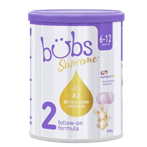 bubs supreme follow-on formula, stage 2, infants 6-12 months, made with a2 beta-casein protein cows milk, 28.2 oz
