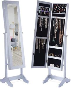 decomil – jewelry armoire with mirror | jewelry cabinet standing, led lights and full lengt mirror | white