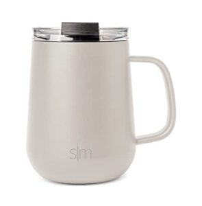 simple modern travel coffee mug with lid and handle | reusable insulated stainless steel coffee tumbler tea cup | gifts for women men him her | voyager collection | 12oz | almond birch