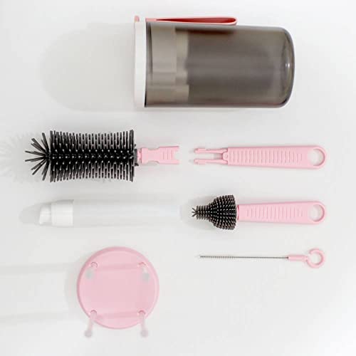 Teeny Travels Baby Bottle Cleaning Kit - Extendable Silicone Cleaning Brush, Built in Drying Rack, Straw Cleaner and Nipple Brush - Easy to Clean, Made for Travel, Family Friendly (Pink)