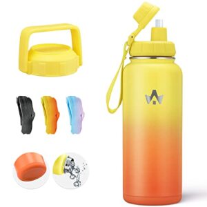insulated water bottle, alongsong 32oz stainless steel water bottles with bouncing straw, non-slip silicone bottom, keeps hot and cold, leakproof sports water bottle, wide-mouth sports canteen(yellow)