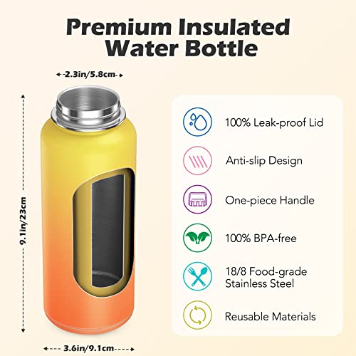 Insulated Water Bottle, ALongSong 32oz Stainless Steel Water Bottles with Bouncing Straw, Non-Slip Silicone Bottom, Keeps Hot and Cold, Leakproof Sports Water Bottle, Wide-Mouth Sports Canteen(Yellow)