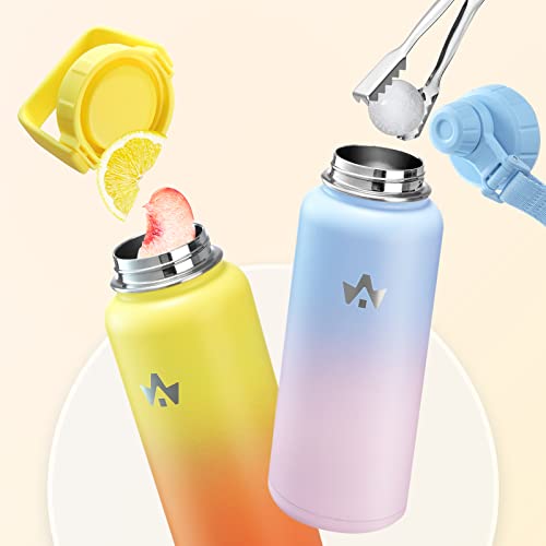 Insulated Water Bottle, ALongSong 32oz Stainless Steel Water Bottles with Bouncing Straw, Non-Slip Silicone Bottom, Keeps Hot and Cold, Leakproof Sports Water Bottle, Wide-Mouth Sports Canteen(Yellow)