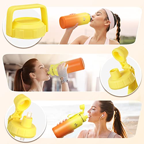 Insulated Water Bottle, ALongSong 32oz Stainless Steel Water Bottles with Bouncing Straw, Non-Slip Silicone Bottom, Keeps Hot and Cold, Leakproof Sports Water Bottle, Wide-Mouth Sports Canteen(Yellow)