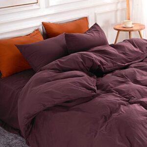 nexhome pro duvet cover set queen size linen look textured 100% washed cotton duvet cover burgundy dark red 3 pieces bedding set with zipper closure,breathable, soft organic natural(no comforter)