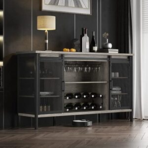qnice industrial wine bar cabinet / 55" sliding barn door coffee bar cabinet/farmhouse bar cabinet with wine rack/dark rustic oak/easy assembly