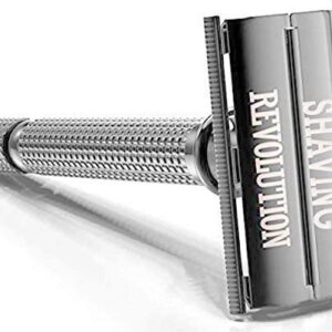 Viking Revolution Long Handle Double Edge Safety Razor - Butterfly Open Razor with 10 Japanese Stainless Steel Double Edge Safety Razor Blades - Close, Clean Shaving Razor for Men (Chrome Metal Razor)