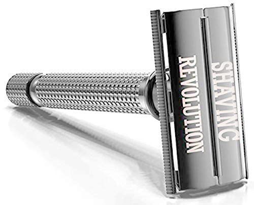 Viking Revolution Long Handle Double Edge Safety Razor - Butterfly Open Razor with 10 Japanese Stainless Steel Double Edge Safety Razor Blades - Close, Clean Shaving Razor for Men (Chrome Metal Razor)