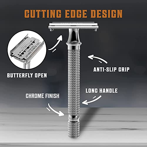 Viking Revolution Long Handle Double Edge Safety Razor - Butterfly Open Razor with 10 Japanese Stainless Steel Double Edge Safety Razor Blades - Close, Clean Shaving Razor for Men (Chrome Metal Razor)