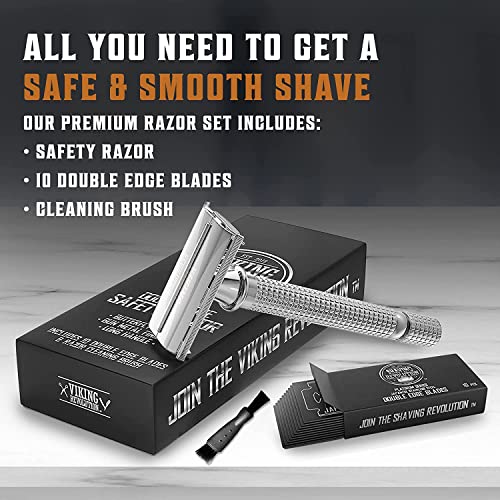 Viking Revolution Long Handle Double Edge Safety Razor - Butterfly Open Razor with 10 Japanese Stainless Steel Double Edge Safety Razor Blades - Close, Clean Shaving Razor for Men (Chrome Metal Razor)