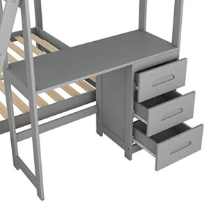 Twin Over Full Wood Bunk Bed Frame Loft Beds with Built-in Desk and Three Drawers, No Box Spring Needed, Gray