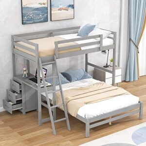 Twin Over Full Wood Bunk Bed Frame Loft Beds with Built-in Desk and Three Drawers, No Box Spring Needed, Gray