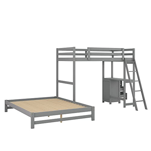 Twin Over Full Wood Bunk Bed Frame Loft Beds with Built-in Desk and Three Drawers, No Box Spring Needed, Gray