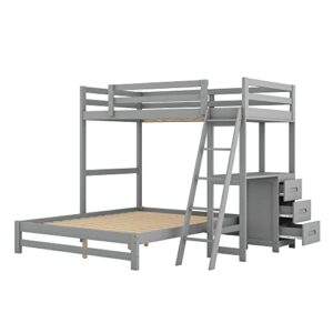 Twin Over Full Wood Bunk Bed Frame Loft Beds with Built-in Desk and Three Drawers, No Box Spring Needed, Gray