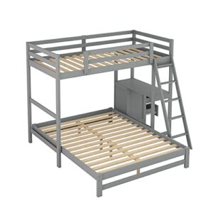 Twin Over Full Wood Bunk Bed Frame Loft Beds with Built-in Desk and Three Drawers, No Box Spring Needed, Gray