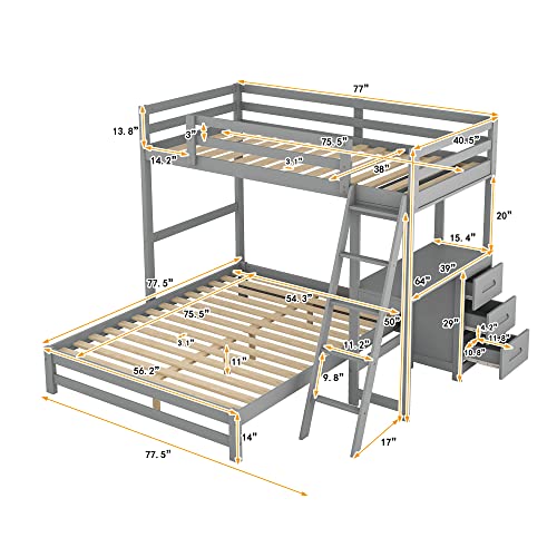 Twin Over Full Wood Bunk Bed Frame Loft Beds with Built-in Desk and Three Drawers, No Box Spring Needed, Gray