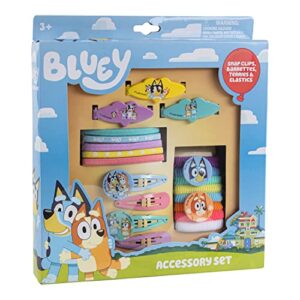 luv her bluey girls 20 piece accessory set with 3 barrettes, 4 snap hair clips, 5 elastics and 8 terry ponies- ages 3+