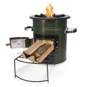 gasone premium wood burning rocket stove camping for backpacking, hiking, rv and survival - insulated barrel stove kit with silicone handles – military green