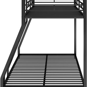 DNYN Twin Over Full Metal Bunk Bed with Safety Guardrail & Ladder for Kids/Adults,Floor Bunkbeds,Sturdy Steel Bedframe,No Box Spring Need,Perfect for Dorm,Bedroom,Guest Room,77.1"x55.9"x53.7", Black