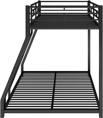 DNYN Twin Over Full Metal Bunk Bed with Safety Guardrail & Ladder for Kids/Adults,Floor Bunkbeds,Sturdy Steel Bedframe,No Box Spring Need,Perfect for Dorm,Bedroom,Guest Room,77.1"x55.9"x53.7", Black