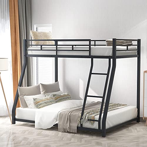 DNYN Twin Over Full Metal Bunk Bed with Safety Guardrail & Ladder for Kids/Adults,Floor Bunkbeds,Sturdy Steel Bedframe,No Box Spring Need,Perfect for Dorm,Bedroom,Guest Room,77.1"x55.9"x53.7", Black