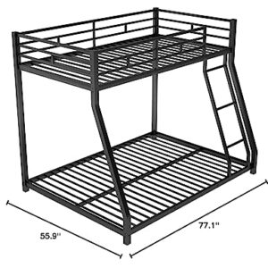 DNYN Twin Over Full Metal Bunk Bed with Safety Guardrail & Ladder for Kids/Adults,Floor Bunkbeds,Sturdy Steel Bedframe,No Box Spring Need,Perfect for Dorm,Bedroom,Guest Room,77.1"x55.9"x53.7", Black