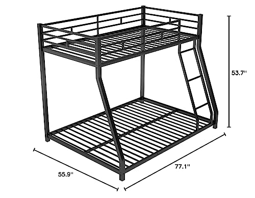 DNYN Twin Over Full Metal Bunk Bed with Safety Guardrail & Ladder for Kids/Adults,Floor Bunkbeds,Sturdy Steel Bedframe,No Box Spring Need,Perfect for Dorm,Bedroom,Guest Room,77.1"x55.9"x53.7", Black