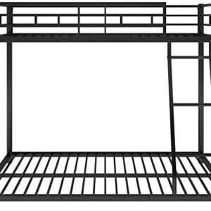 DNYN Twin Over Full Metal Bunk Bed with Safety Guardrail & Ladder for Kids/Adults,Floor Bunkbeds,Sturdy Steel Bedframe,No Box Spring Need,Perfect for Dorm,Bedroom,Guest Room,77.1"x55.9"x53.7", Black